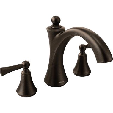 Click here to see Moen T653ORB Moen Wynford Two-Handle Roman Tub Faucet Trim, Arc Spout, Lever Handles, ADA, M-PACT, Oil Rubbed Bronze - T653ORB