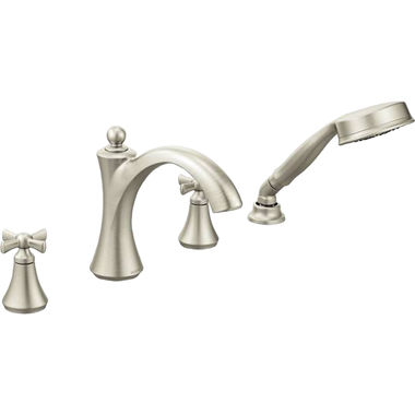 Click here to see Moen T658BN Moen T658BN Wynford Two-Handle Diverter Roman Tub Faucet w/ Hand Shower - Brushed Nickel