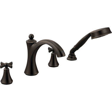 Click here to see Moen T658ORB Moen T658ORB Wynford Two-Handle Diverter Roman Tub Faucet w/ Hand Shower - Oil Rubbed Bronze