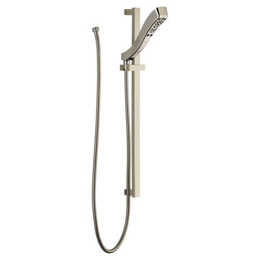 Click here to see Delta 51552-PN Delta Universal Showering 4-Setting Hand Shower with Slide Bar, H2Okinetic, Touch-Clean, WaterSense, 1.75 GPM, Polished Nickel - 51552-PN