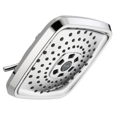 Click here to see Delta 52690 Delta H2Okinetic Three-Setting 7-5/8in Square Raincan Shower Head, Touch-Clean, Metal Ball Connector, 1.75 GPM, Chrome - 52690
