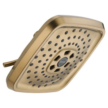 Click here to see Delta 52690-CZ Delta H2Okinetic Three-Setting 7-5/8in Square Raincan Shower Head, Touch-Clean, Metal Ball Connector, 1.75 GPM, Champagne Bronze - 52690-CZ