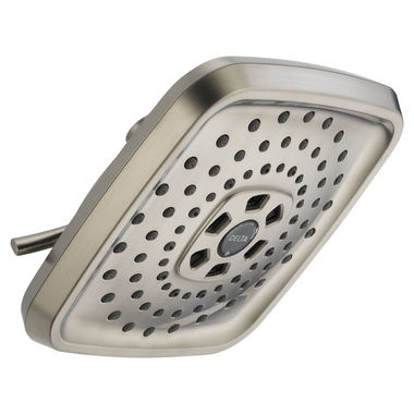 Click here to see Delta 52690-SS Delta H2Okinetic Three-Setting 7-5/8in Square Raincan Shower Head, Touch-Clean, Metal Ball Connector, 1.75 GPM, Stainless - 52690-SS