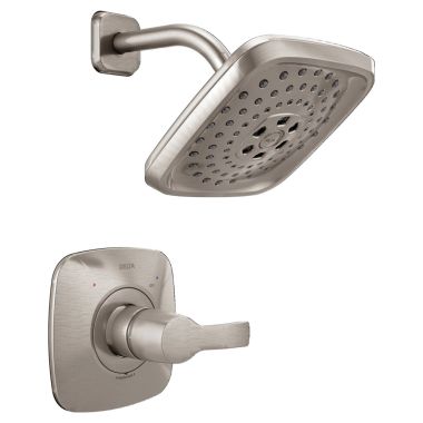 Click here to see Delta T17252-SS Delta Tesla Monitor 17 Series Two-Handle H2Okinetic Shower Faucet with 3-Setting Rain Showerhead, 1.75 GPM, Lever Handles, Stainless - T17252-SS