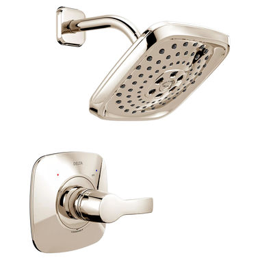 Click here to see Delta T14252-PN Delta Tesla Monitor 14 Series Single-Handle H2Okinetic Shower Faucet with 3-Setting Rain Showerhead, 1.75 GPM, Lever Handle, Polished Nickel - T14252-PN