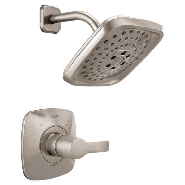 Click here to see Delta T14252-SS Delta Tesla Monitor 14 Series Single-Handle H2Okinetic Shower Faucet with 3-Setting Rain Showerhead, 1.75 GPM, Lever Handle, Stainless - T14252-SS