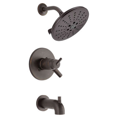 Click here to see Delta T17T459-RBH2O Delta Trinsic TempAssure 17T Series Two-Handle Tub/Shower Faucet with H2Okinetic Showerhead, 1.75 GPM, Lever Handle, Venetian Bronze - T17T459-RBH2O