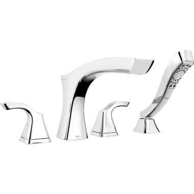 Click here to see Delta T4752 Delta Tesla Two-Handle Roman Tub Faucet Trim with 1.75 GPM Four-Setting Hand Shower, H2Okinetic, Angular Spout, Lever Handles, Chrome - T4752