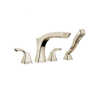 Click here to see Delta T4752-PN Delta Tesla Two-Handle Roman Tub Faucet Trim with 1.75 GPM Four-Setting Hand Shower, H2Okinetic, Angular Spout, Lever Handles, Polished Nickel - T4752-PN