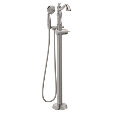 Click here to see Delta T4797-SSFL-LHP Delta Cassidy Single-Handle Freestanding Tub Filler Trim with 1.75 GPM Three-Setting Hand Shower, H2Okinetic, Hook Spout, Less Handle, Stainless - T4797-SSFL-LHP