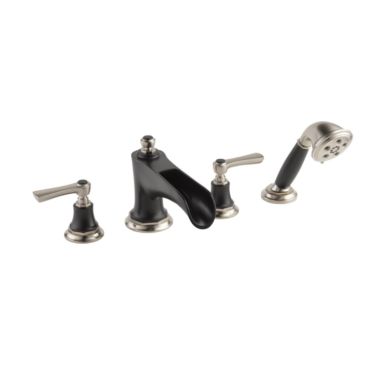 Click here to see Brizo T67461-NKBLLHP Brizo Rook Two-Handle Roman Tub Faucet Trim with H2Okinetic Hand Shower, 4-Hole, Channel Spout, Less Handles, Brilliance Luxe Nickel/Matte Black - T67461-NKBLLHP