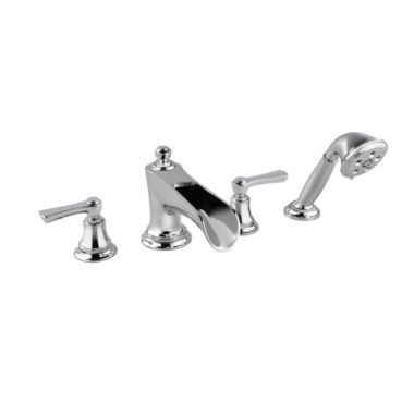 Click here to see Brizo T67461-PCLHP Brizo Rook Two-Handle Roman Tub Faucet Trim with H2Okinetic Hand Shower, 4-Hole, Channel Spout, Less Handles, Polished Chrome - T67461-PCLHP
