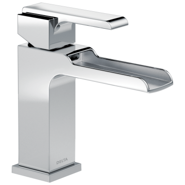 Click here to see Delta 568LF-LPU Delta Ara Channel Spout Chrome Lavatory Faucet with Escutcheon and Red/Blue Indicators, Less Pop-Up, 1.2 GPM, Single-Handle, DIAMOND Seal - 568LF-LPU