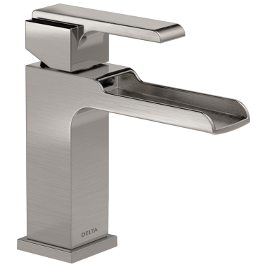 Click here to see Delta 568LF-SSLPU Delta Ara Channel Spout Lavatory Faucet with Escutcheon and Red/Blue Indicators, Less Pop-Up, 1.2 GPM, Single-Handle, DIAMOND Seal, Stainless - 568LF-SSLPU