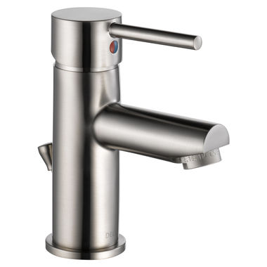 Click here to see Delta 559LF-SSPP Delta Modern Tubular Single-Hole Stainless Lavatory Faucet, Metal Pop-Up, 1.2 GPM, Single-Handle, Rounded Lever Handle, Project Pack - 559LF-SSPP