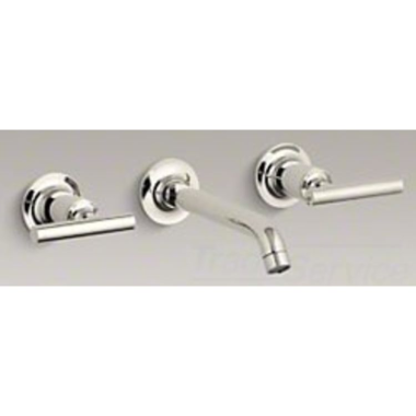 Click here to see Kohler T14413-4-SN Kohler Purist Two-Handle Wall-Mount Polished Nickel Widespread Bathroom Sink Faucet Trim, Lever Handle, 1.2 GPM, Three-Hole, Brass, Less Drain - K-T14413-4-SN