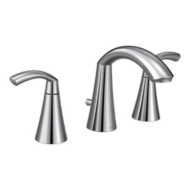 Click here to see Moen T6173 Moen Glyde Two-Handle High Arc Widespread Chrome Bathroom Faucet with Lever Handles, 1.2 GPM, 60 PSI, WaterSense, Three-Holes - T6173