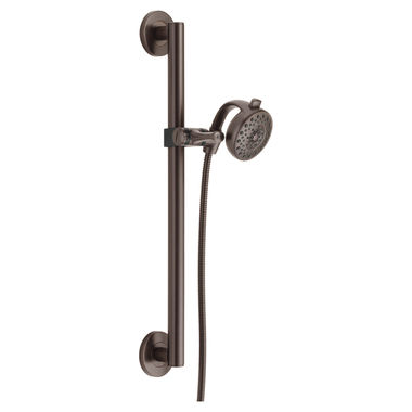 Click here to see Delta 51400-RB Delta Universal Showering 4in Four-Setting Palm Hand Shower with 24in Slide Bar/Grab Bar, Round, 1.75 GPM, Touch-Clean, WaterSense, Venetian Bronze - 51400-RB