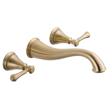 Click here to see Delta T3597LF-CZWL Delta Cassidy Hook Spout Wall-Mount Champagne Bronze Lavatory Faucet Trim, Less Pop-Up, 1.2 GPM, Two-Handle, Lever Handles, Less Rough-In - T3597LF-CZWL