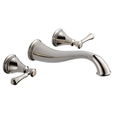 Click here to see Delta T3597LF-PNWL Delta Cassidy Hook Spout Wall-Mount Polished Nickel Lavatory Faucet Trim, Less Pop-Up, 1.2 GPM, Two-Handle, Lever Handles, Less Rough-In - T3597LF-PNWL