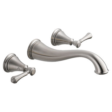Click here to see Delta T3597LF-SSWL Delta Cassidy Hook Spout Wall-Mount Stainless Lavatory Faucet Trim, Less Pop-Up, 1.2 GPM, Two-Handle, Lever Handles, Less Rough-In - T3597LF-SSWL