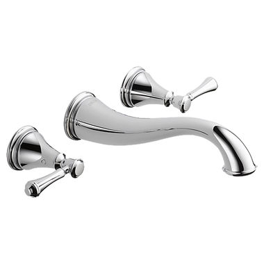 Click here to see Delta T3597LF-WL Delta Cassidy Hook Spout Wall-Mount Chrome Lavatory Faucet Trim, Less Pop-Up, 1.2 GPM, Two-Handle, Lever Handles, Less Rough-In - T3597LF-WL