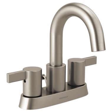 Click here to see Peerless P299102LF-BN Peerless Precept Centerset High-Arc Bathroom Faucet with 50/50 Pop-Up Drain, Two-Handle, 1.0 GPM, Lever Handle, Brushed Nickel - P299102LF-BN