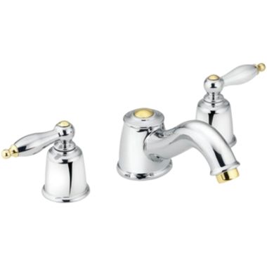 Click here to see Moen T4933CP Moen T4933CP Castleby Chrome & Polished Brass Two-Handle Roman Tub Faucet