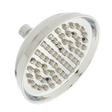 Click here to see Jones Stephens S01084 Jones Stephens 6in Round Shower Head with Tips, 1/2in Swivel Connection, 2.5 GPM, 80 PSI, Chrome Plated - S01084