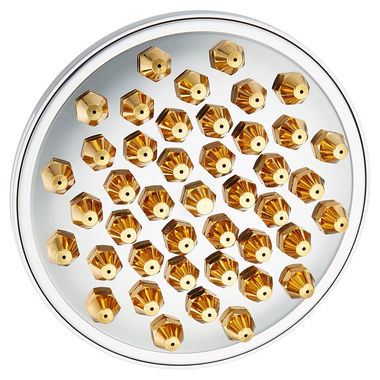 Click here to see Jones Stephens S01090 Jones Stephens 5in Round Shower Head with Removable Gold Tips, 2.5 GPM, 80 PSI, Chrome/Gold - S01090