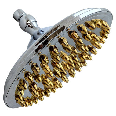 Click here to see Jones Stephens S01091 Jones Stephens 9in Round Shower Head with Gold Removable Tips, 2.5 GPM, Chrome/Gold - S01091