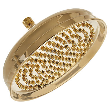 Click here to see Jones Stephens S01186 Jones Stephens 10in Round Shower Head with Tips, 1/2in Swivel Connection, 2.5 GPM, 80 PSI, Polished Brass - S01186