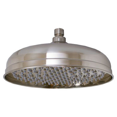 Click here to see Jones Stephens S0196BN Jones Stephens 10in Round Traditional Rain Shower Head with Grey Rubber Tips, 2.5 GPM, Brushed Nickel - S0196BN