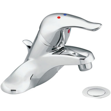 Click here to see Moen L64603 Moen Chateau Single-Handle Low Arc Chrome Centerset Bathroom Faucet with 50/50 Drain, 1.2 GPM, ADA Lever Handle, Three-Hole, Bulk Pack - L64603