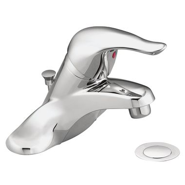 Click here to see Moen L4625 Moen Chateau Single-Handle Low Arc Chrome Centerset Bathroom Faucet with Metal Pop-Up, 1.2 GPM, ADA Lever Handle, Three-Hole - L4625