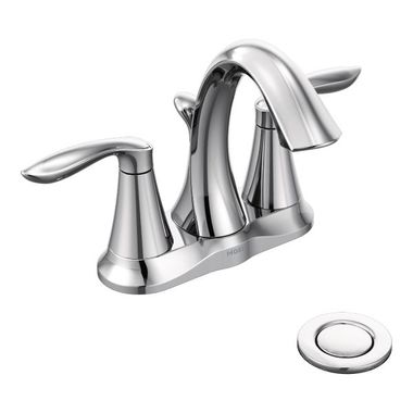 Click here to see Moen 66410 Moen Eva Two-Handle High Arc Chrome Centerset Bathroom Faucet with 50/50 Pop-Up and Temperature Indicators, 1.2 GPM, ADA Lever Hanndles, Bulk Pack - 66410 