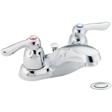 Click here to see Moen 64925 Moen Chateau Two-Handle Low Arc Chrome Centerset Bathroom Faucet with 50/50 Pop-Up and Temperature Indicators, 1.2 GPM, ADA Lever Handle, Bulk Pack - 64925