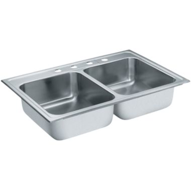 Click here to see Moen S22318 Moen S22318 Lancelot 33x22 Four Hole Stainless Steel Double Bowl Drop-in Sink