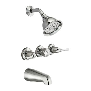Click here to see Moen 82403EP Moen Adler Volume Control Tub/Shower Faucet, 2.0 GPM, 1-Function, Three-Handle, WaterSense, Chrome - 82403EP 