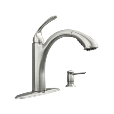 Click here to see Moen 87035SRS Moen Kinzel Single-Handle Pull-Out Kitchen Faucet w/ Soap Dispenser, Spot Resist Stainless - 87035SRS