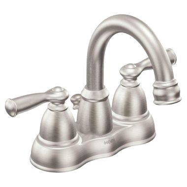 Click here to see Moen CA84913SRN Moen Banbury Two-Handle High Arc Spot Resist Brushed Nickel Centerset Bathroom Faucet with Plastic Pop-Up, 1.5 GPM, ADA Lever Handle, Three-Hole - CA84913SRN