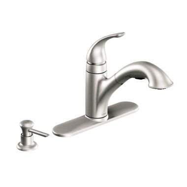 Click here to see Moen CA87550SRSSD Moen Caprillo Single Handle Pull-Out Kitchen Faucet w/ Soap Dispenser, Spot Resist Stainless - CA87550SRSSD