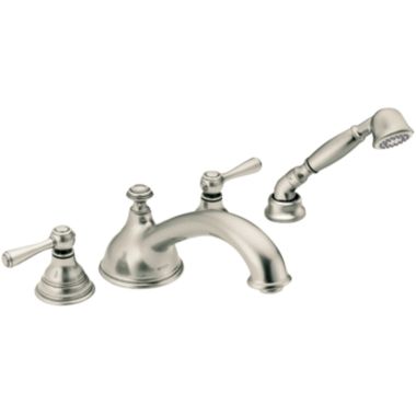 Click here to see Moen T912AN Moen Kingsley Two-Handle Roman Tub Faucet Trim with 2.0 GPM One-Function Hand Shower, Low Arc Spout, Lever Handles, M-PACT, Antique Nickel - T912AN 