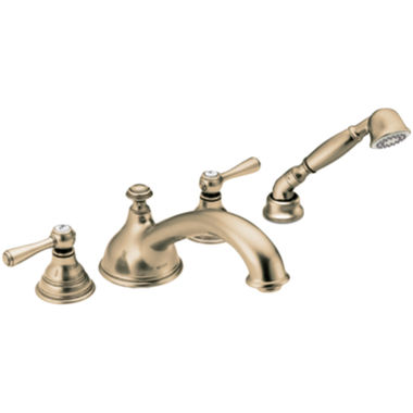 Click here to see Moen T912AZ Moen Kingsley Two-Handle Roman Tub Faucet Trim w/ Hand Shower, Low Arc Spout, Levers, Antique Bronze - T912AZ