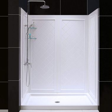 Click here to see DreamLine DL-6189R-01 DreamLine 30 in. D x 60 in. W x 76 3/4 in. H Right Drain Acrylic Shower Base and QWALL-5 Backwall Kit In White - DL-6189R-01