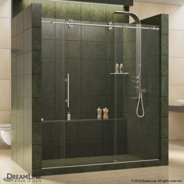 Click here to see DreamLine SHDR-60727912-07 DreamLine Enigma SHDR-60727912-07 Fully Frameless Sliding Shower Door, 68-72 in. W x 79 in. H, Brushed Stainless Steel