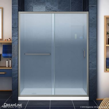 Click here to see DreamLine DL-6972L-04FR DreamLine DL-6972L-04FR Infinity-Z Frosted Sliding Shower Door, Left Drain White Base - Brushed Nickel