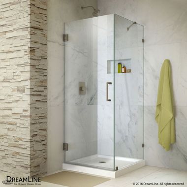 Click here to see DreamLine SHEN-2330300-04 DreamLine Unidoor Lux Hinged Shower Enclosure w/ Support Arm in Brushed Nickel  - SHEN-2330300-04