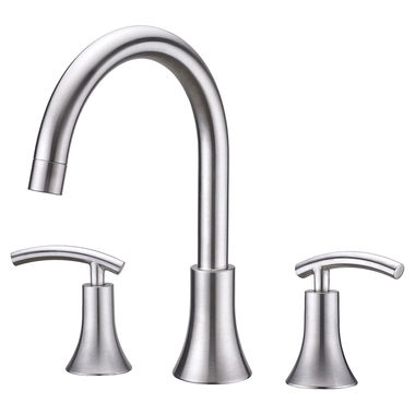 Click here to see Ultra Faucets UF65103 Ultra Faucets Sweep Two-Handle Deck-Mount Roman Tub Faucet, 3-Hole, NEOPERL Stream, Lever Handles, ADA, Brushed Nickel - UF65103