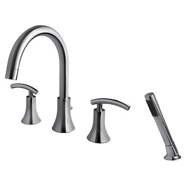 Click here to see Ultra Faucets UF65140 Ultra Faucets Sweep Two-Handle Roman Tub Faucet with 2.5 GPM Hand Shower, 4-Hole, NEOPERL Stream, Lever Handles, Polished Chrome - UF65140